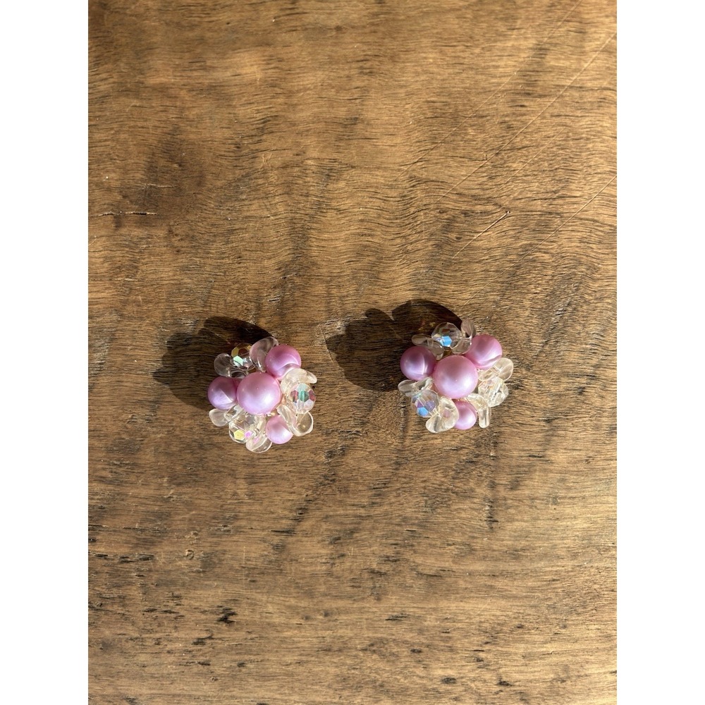 Vintage Pink Faux Pearl AB Crystal Cluster Clip On Earrings MCM Beaded 1.25"